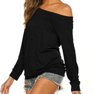 Black Long Sleeve Boat Neck Off Shoulder Blouse